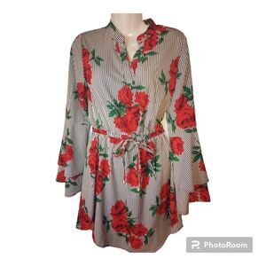 Blush striped floral tunic/mini dress with ruffle bell sleeve